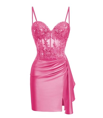 Miao Duo Teens Lace Appliqued Satin Short Tight Homecoming Dresses Spaghetti Strap Mini Cocktail Party Dress YZTS114