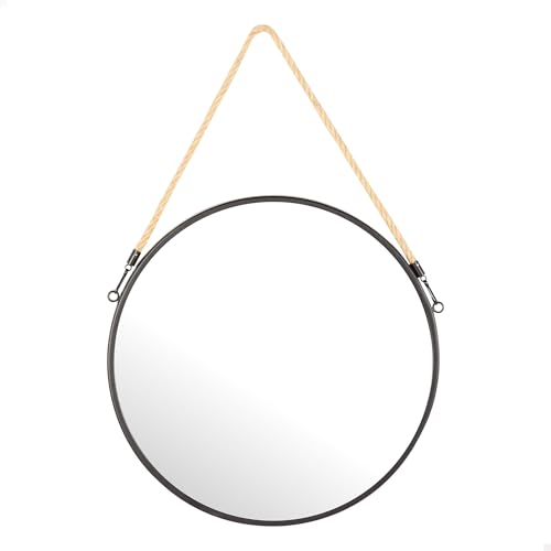 AKTIVE MAX Home Espejo Pared Redondo D38, Cuerda Decorativa, Marco Metal, Cristal, Espejo metálico Negro, Fácil fijación (Tornillos no incluidos), Ideal para baños, dormitorios (18447)