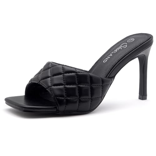 Image of Shoe Land Melrose Women's High Heels Stiletto Heeled Slides, Square Open Toe One Band Slip-On Heeled Mules - Dressy Clear Heeled Sandals for Prom Party Wedding and Vacation