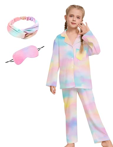 Kids Pajamas for Girls Pajama Sets 2-Piece Girls Button-down Pjs Set Soft Sleepwear Nightwear with Eye Mask Headband