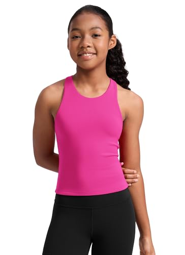 CRZ YOGA Girls Butterluxe Double Lined Racerback Tank Tops Waist Length - High Neck Dance Yoga Athletic Casual Kids Teen Hibiscus Purple Small