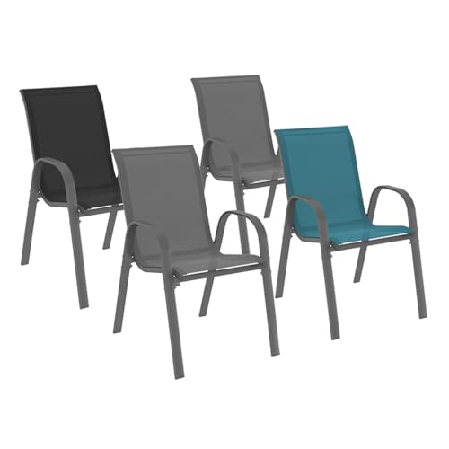 IDMarket - Lot de 4 chaises de Jardin LYMA métal et textilène empilables Mix Color Gris, Noir et Bleu