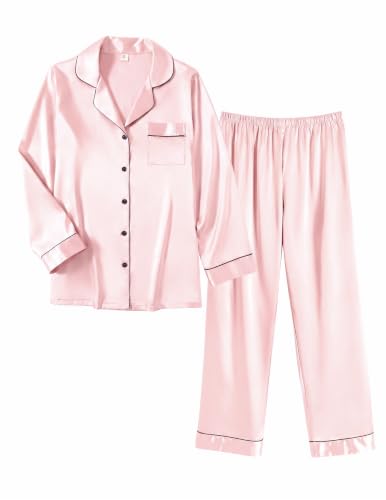 Image of Ekouaer Women Satin Pajamas Set Classic Button Down Long Pjs Set