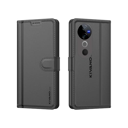 Image of KIVANO LUXE Compatible for Vivo T3 Ultra 5G / Vivo V40 5G / Vivo V40 Pro 5G Luxury Handmade Leather Magnetic Flip Folio Case | Card Holder & Kickstand | Slim Protective Cover | Unisex - Black