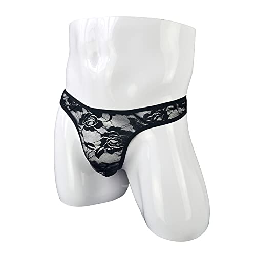 Sheer Lace G-String For Men Floral Briefs Sexy T-Back Underwears See Through G-Strings Jockstrap Bikini Briefs (Black,One Size) #TOP4