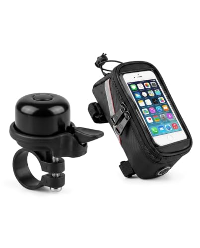 Image of Wavva Bike Bag with Phone Holder for Mountain Bike, Bike Handlebar Bag with Waterproof Touchscreen Phone Case for Every Phone with Unisex Cool Bell Mini Adjustable Bicycle Bike Accessories Black.