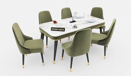 Image of WOODEN SPACE 6-Seater Wooden Dining Table Set | Nano Composite Marble Top | Solid Wood Base | Modern Dining Room Furniture with 6 Chairs (Light Green Vento)