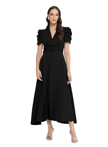 Image of Sugathari Women Women's V-Neck Maxi Dress, A-Line Style, Puff Sleeves, Cinched Waist 246