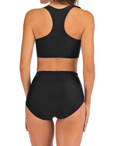 JadeRich Women's Two Piece Sports Bikini Set Athletic Zip Front Swimsuit Racerback Crop Top & Boy Shorts Swimwear3