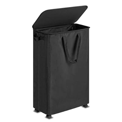 Vincona Slim Laundry Hamper with Lid and Wheels, Small Rolling Laundry Basket with Handle for Small Spaces, Tall Dirty Clothes Hampers for Dorm, Bathroom and Bedroom, 75L Black