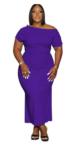 YeGine Women Plus Size Bodycon Long Dress Off Shoulder Sexy Slim Elegant Dresses Purple 1XL