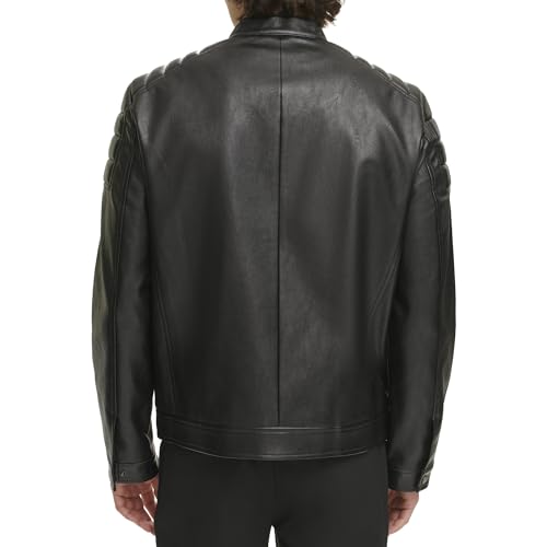 DKNY Men's Mixed Media Faux Leather Puffer Motocros Racer Jacket4