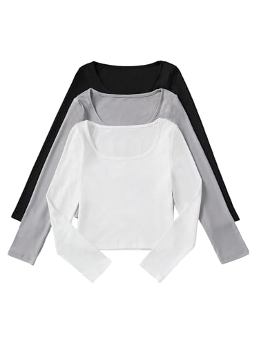 Soly Hux Girl'S Scoop Neck Long Sleeve T-Shirts 3 Piece Ribbed Knit Basic Tee Crop Tops Black Grey White 12Y cover