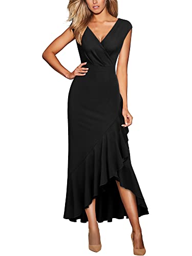 Miusol Women's Elegant V Neck Ruffle Split Style Cocktail Formal Long Dress