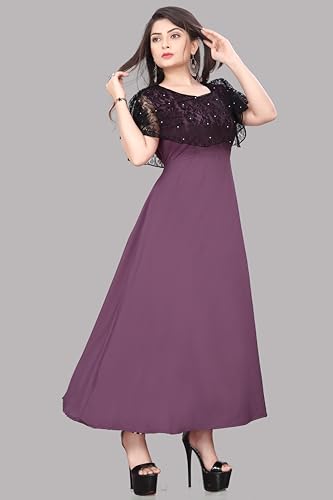 Image of Women's Poly Crepe Round Neck Plain Gown Dress