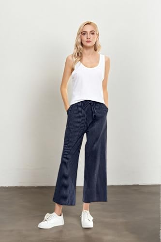 Image of LNX Womens Linen Capri Pants Wide Leg High Waisted Drawstring Casual Cropped Pants with Pockets