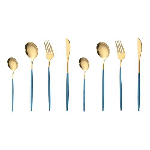 Image of aDai Premium Gold SUS304 Stainless Steel Cutlery Set - 4 Spoons, 2 Fork, 2 Steak Knife - Mirror Finish Dinnerware Flatware (Blue - Set of 8)