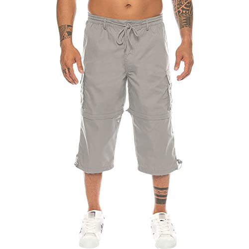 Men's Hiking 3/4 Capri Pants Convertible Zip Off Lightweight Cargo Shorts Below Knee Breathable Tactical Short (Light Grey,Medium)