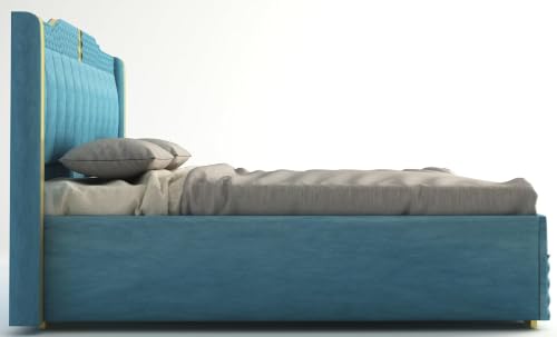 Image of Luxury Queen Size Upholstered Storage Bed with Diamond Tufted Padded Headboard | Premium Velvet Fabric Platform Bed Frame | Solid Wood Structure | Modern Bedroom Furniture | Ocean Blue