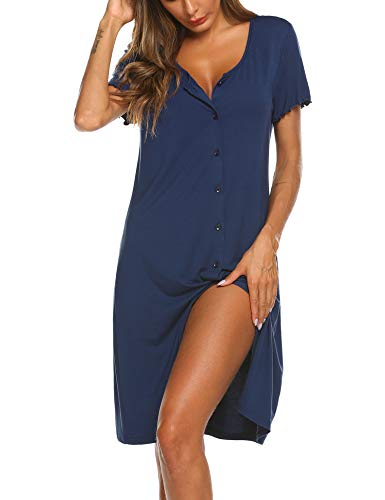 Image of Ekouaer Women's Nightshirt Short Sleeve Button Down Nightgown V-Neck Sleepwear Pajama Dress