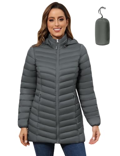 ROYAL MATRIX Women's Packable Puffer Coat - Lightweight Puffer Jacket Winter Warm Long Puffer Coat with Detachable Hood (Deep Grey, S)