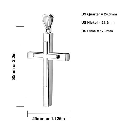 US Jewels Men's XL 925 Sterling Silver 2in Double Christian Cross Pendant Necklace, 22in to 26in3