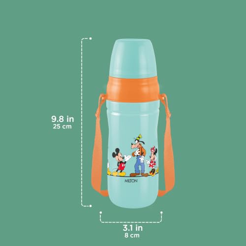 Image of MILTON Disney Kool Cheer 600 Plastic Insulated Thermo Water Bottle with Straw for School Kids I Food Grade, Leak Proof Lid with Hands free sipper, Easy to Carry Loop, Picnic,BPA Free,520 ml,Aqua Green