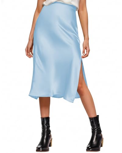 Image of Amy Babe Womens Satin Silk High Waist Slit Midi Skirt Long Skirts for Women | Elastic Waistband, Side Split, Midi Length, Below the Knee, Silky Fabric, Elegant, Fall Winter Outfits