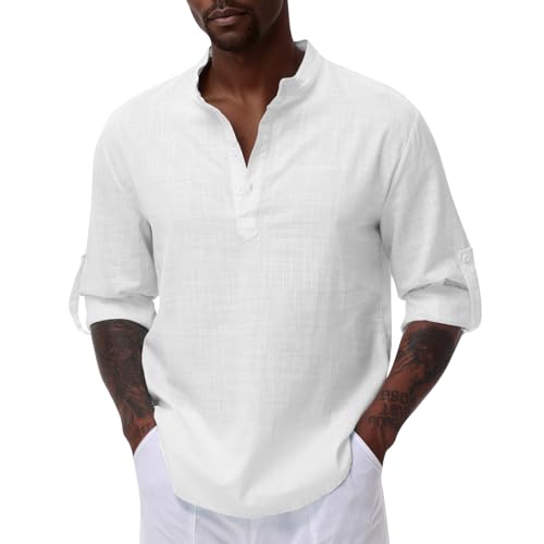 Consejos para Comprar Ropa de Caballero de Moda comprados en linea. 40 RELAAX IN Camisas de Algodón para Hombre Camisa Casual para Hombre Camisa Caballero sin Cuello Estilo Casual Manga Larga con Botones Ajuste Holgado Camisa para la Playa
