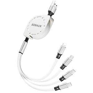 SDBAUX Multi Charger Cable 3A 1M, Universal 4 in 1 Retractable USB Fast Charging Splitter Cord with 2*Type C/iP/Micro USB Ports, for Phones, Android Samsung Galaxy, LG, Moto, Huawei, Xiaomi, Sony