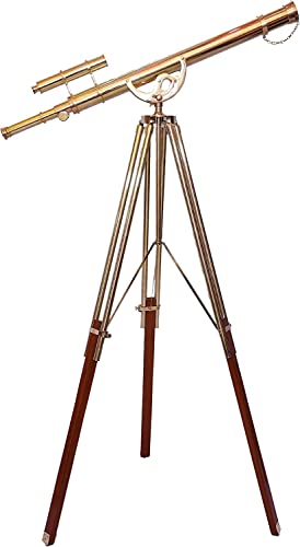 Nautical Double Barrel Shiny Brass Antique Telescope Floor Standing Wooden/Brass Stand Home Collectible Telescope Stand Brown Adjustable Tripod - Navirock