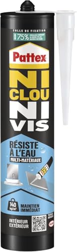 Pattex | Colle Ni Clou Ni Vis Résiste à l'Eau (cartouche de 450 g) – Colle de fixation pour intérieur & extérieur – Mastic blanc maintien immédiat,...