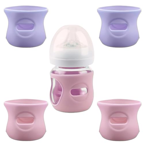 Image of QinSuiKai 4 Pack Silicone Sleeves for Avent Natural Glass Baby Bottles, Anti Breakage Baby Bottle Holder, Compatible with Philips Avent Glass Natural Baby Bottle, BPA Free (Pink Purple, 4 OZ)