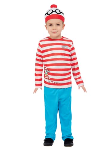 Smiffys Disfraz de ¿Dónde está Wally?, Rojo y blanco, Sombrero, top y pantalones Halloween, Carnaval