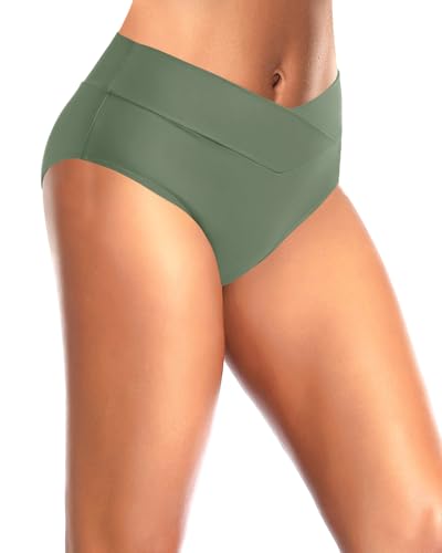Image of Women V Cut Full Coverage Bikini Bottom - High Waist Swim Bathing Suit Bottoms Cross V Front Swimsuit