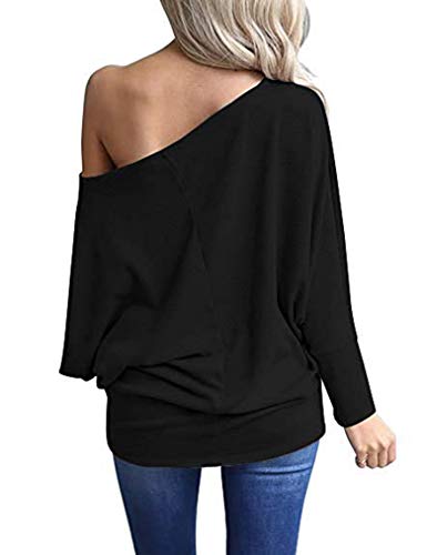 Poetsky Off The Shoulder Tops for Women Long Sleeve Pullover Batwing Tunic Top (M, Black)