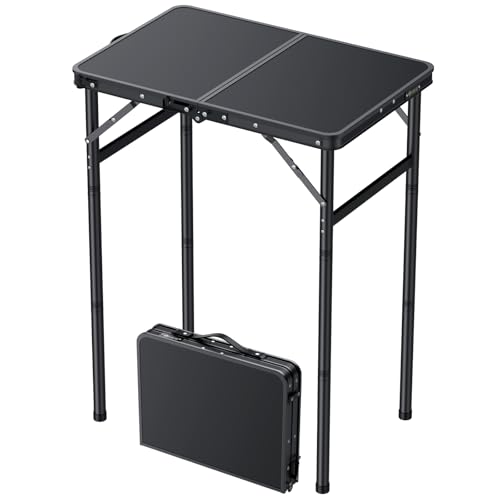 JiGiU Tavolo da Picnic Pieghevole per Esterno in MDF Nero con Gambe Filettate in Metallo, 3 Altezze Regolabili (27.3/51/74.7 cm), Portatile - per Campeggio, Giardino, Spiaggia
