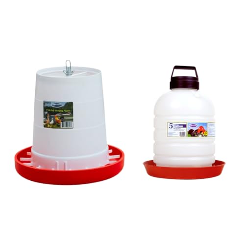 Farm-TUFF Top Fill Hanging Automatic Poultry Fountain Waterer, 5 Gallon Capacity & Poultry Feeder with Customizable Flow Rates, 17 Pound Capacity (Combo Pack)