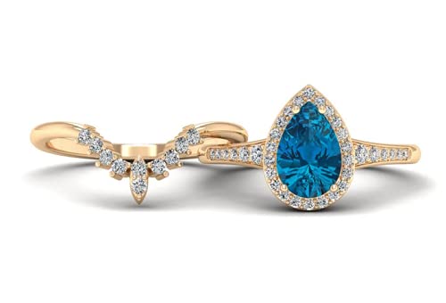 Pear Shaped London Blue Topaz Halo Engagement Ring Rose Gold Blue Gemstone Wedding Ring Set Half Eternity Promise Anniversary Ring For Women #TOP2