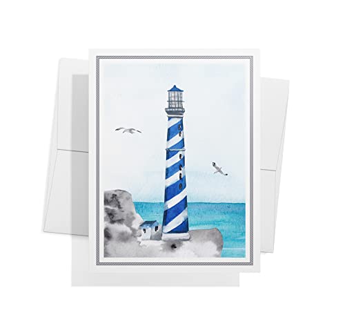 Image of Twigs Paper - 12 Nautical Lighthouse Note Cards - Greeting Cards for All Occasions - 3 Different Design Pack With Envelopes - Personalized Thank You Cards - Made in USA (5.5 x 4.25 inches,Set of 12)