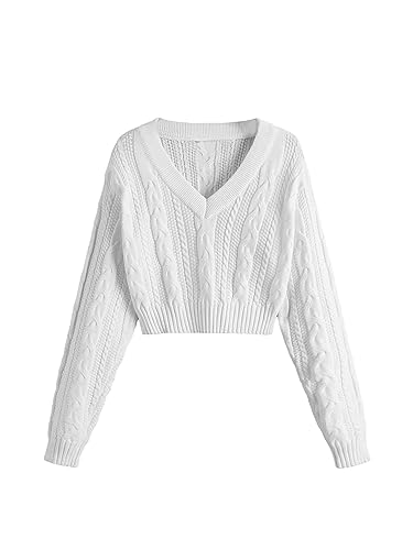 Verdusa Girl's Long Sleeve Cardigan Sweater Drop Shoulder V Neck Knitted Cropped Sweater Jumper Tops