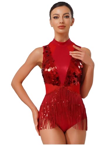 TTAO Damen Pailletten Tanz-Body mit Fransen Glitzer Latein Tanzkleider Ärmellos Modern Dance Standard Turnanzug Dancewear Rot M