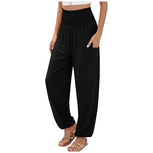 Pantalon de yoga en coton pour femme, style harem, taille haute avec volants, hippie, décontracté, ample, droit, palazzo, pour le loisir, confortable,...