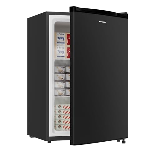 BANGSON 3.0 Cu.ft Compact Upright Freezer, Energy-Saving Mini Freezer with Adjustable Thermostat, Removable Shelves, Reversible Black Door, Ideal for Dorm/Office/Apartment, Black