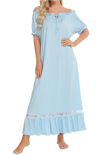 Chemises de nuit pour femmes bleu M : vêtements de nuit amples à col rond
