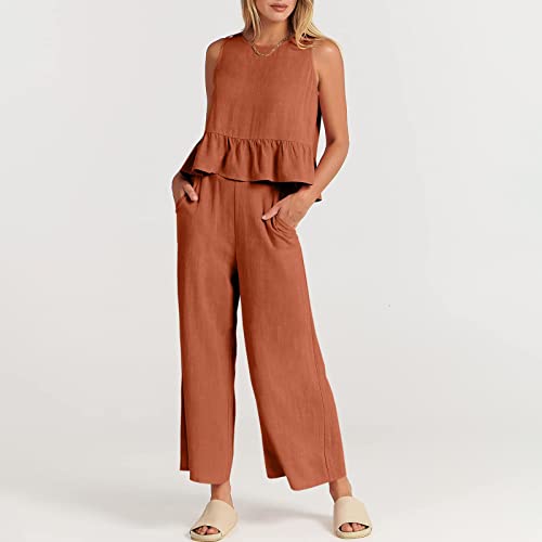 Petyczen Linen Sets For Women 2 Piece Summer Outfits Casual Dressy Sleeveless Jumpsuits Pleated Crop Tops With Wide Leg Pants Tracksuit Sweatsuits Pajama Sets With Pockets(J-Brown,Medium) #TOP3