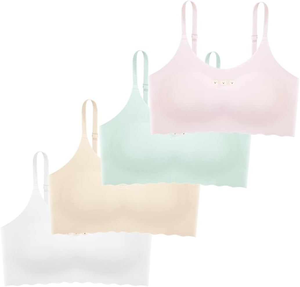 Teen Girls' Training Bra Seamless Cotton Cami Wireless Bras Elastic Thin Shoulder Straps, Pink Aqua Skin White, 12-16 Years