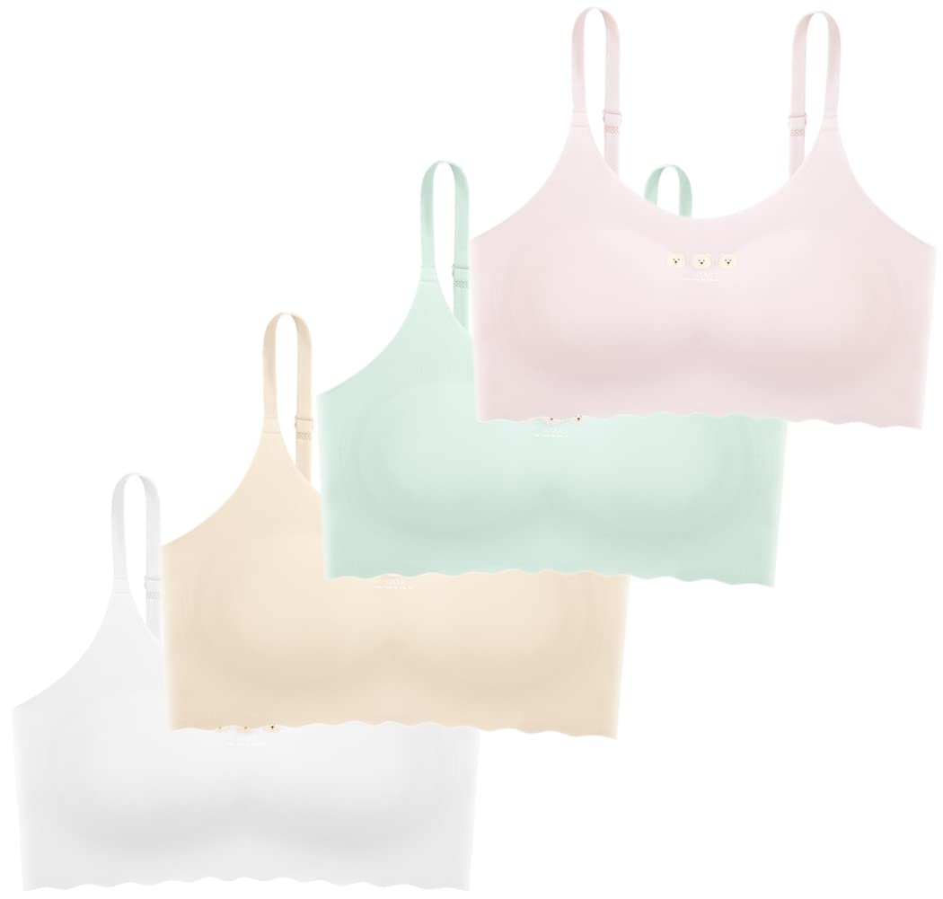 Teen Girls' Training Bra Seamless Cotton Cami Wireless Bras Elastic Thin Shoulder Straps, Pink Aqua Skin White, 12-16 Years