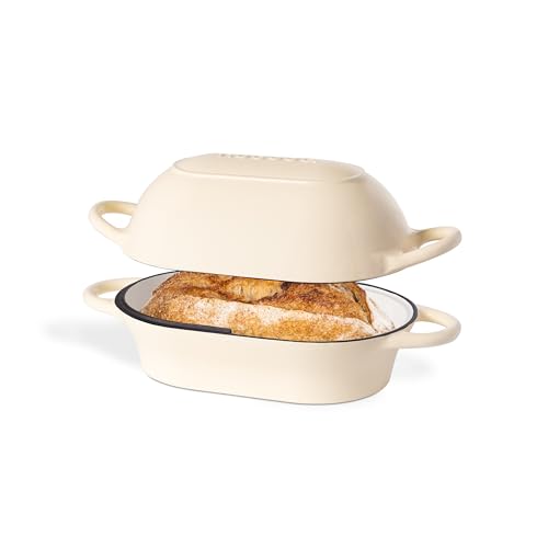 Dutch Oven For Sourdough Bread Baking – Enamelled Cast Iron Bread Loaf Pot – Oven Safe Non Stick Bread Pot – Rectangular, Cream, 24cm x 16cm – by Nuovva