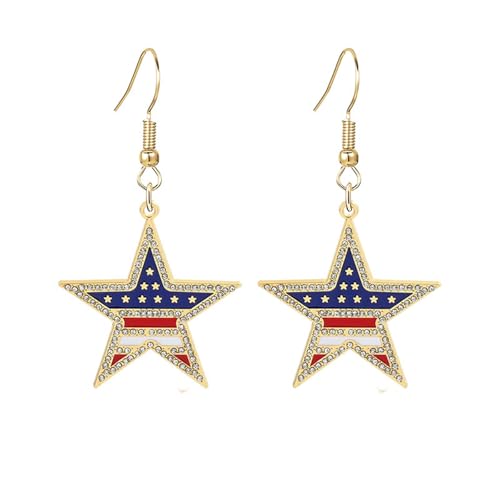 coadipress American USA Flag Earrings for Women Patriotic Red White Blue Flip Flop Sandal Cubic Zircon Dangle Drop Earrings, 4th of July Independence Day Gift (Gold Shiny Star)